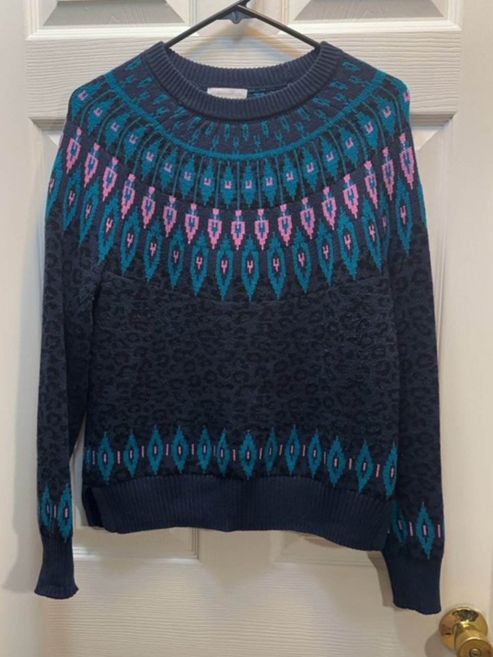 Charter Club Navy Crewneck Sweater with Teal & Pink Fair Isle Yoke